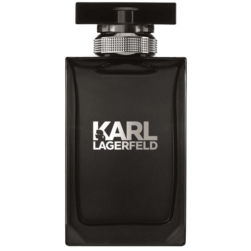 Schwarze Karl Lagerfeld Eau de Toilette Flasche mit silbernem Schriftzug.