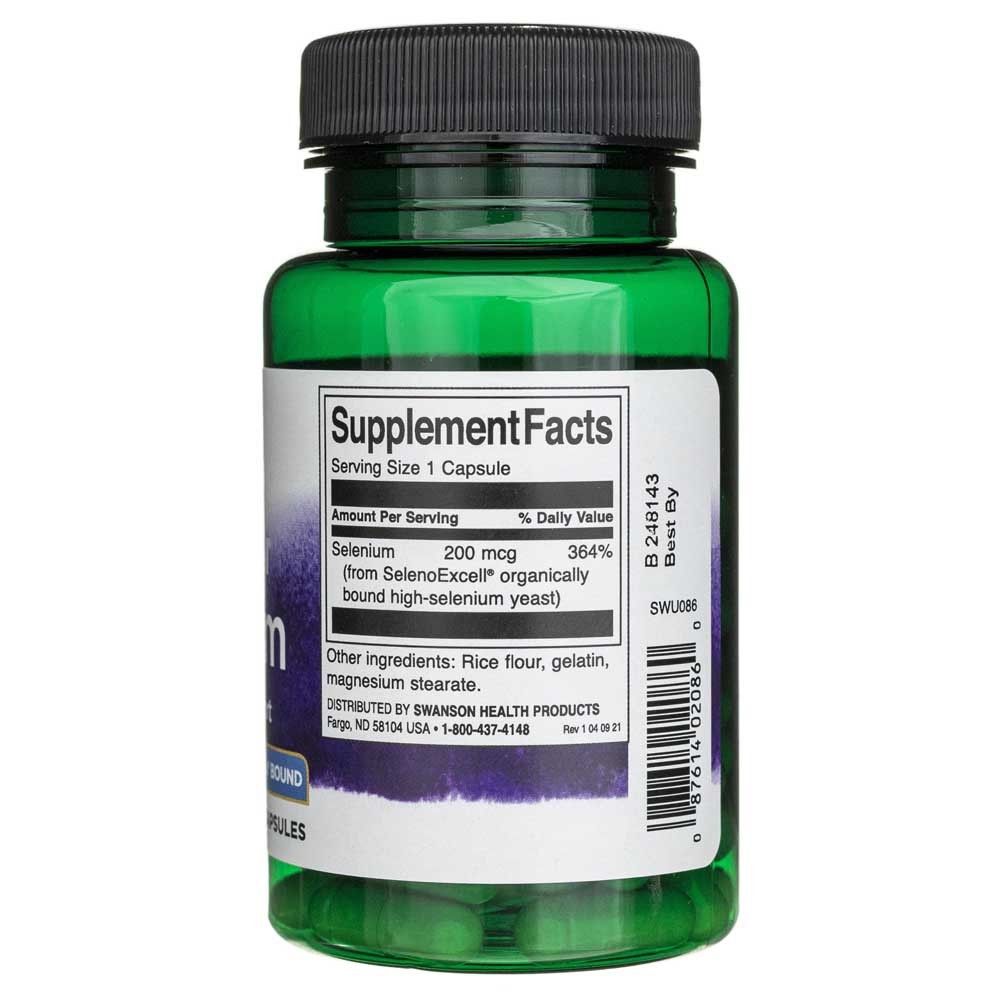 Rückseite einer grünen Kapsel mit Etikett 'Supplement Facts', das Selen 200 mcg angibt.