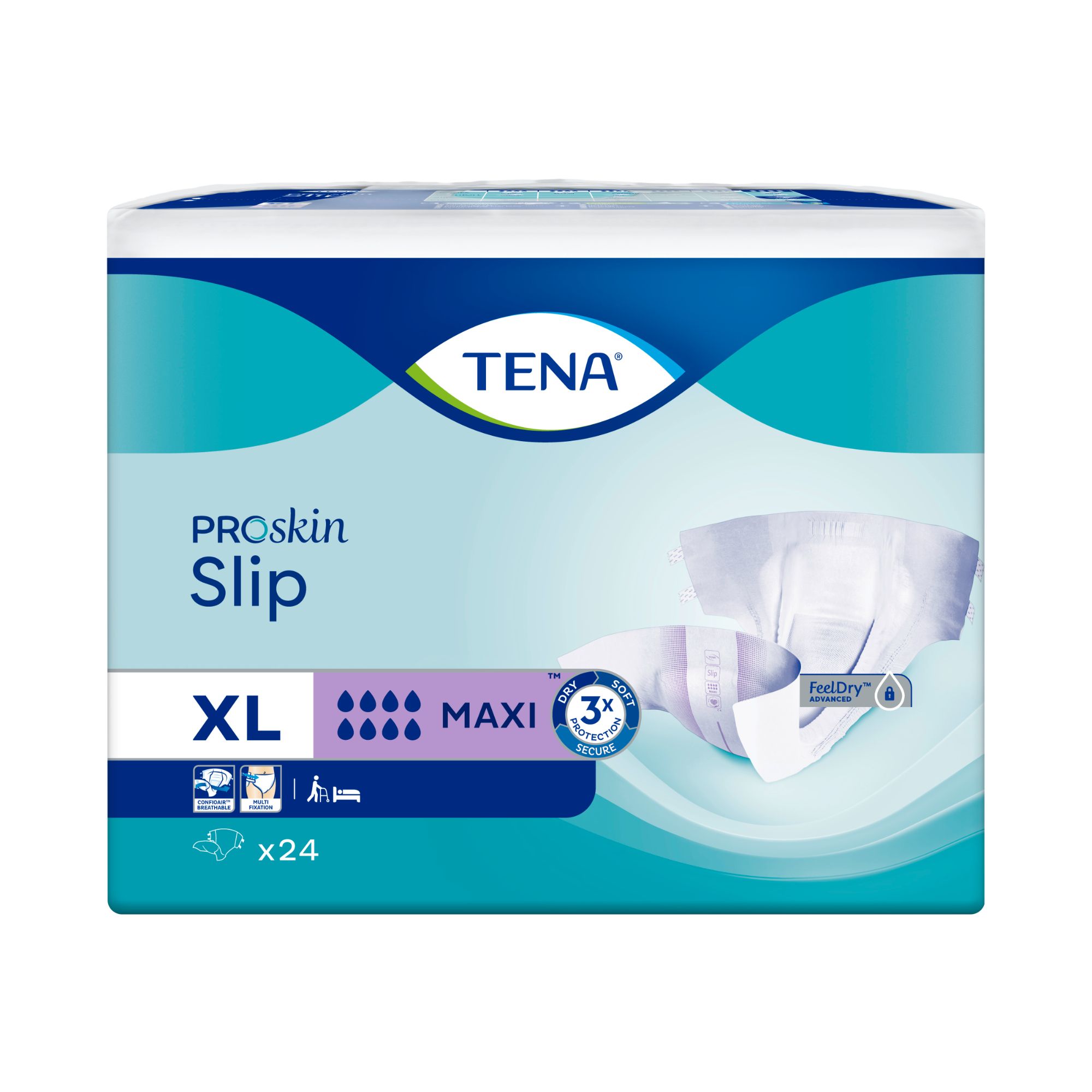 TENA ProSkin Slip XL Maxi-Packung. Verpackung mit Produktinformationen. Aufdrucke: XL, Maxi, x24, TENA Logo.