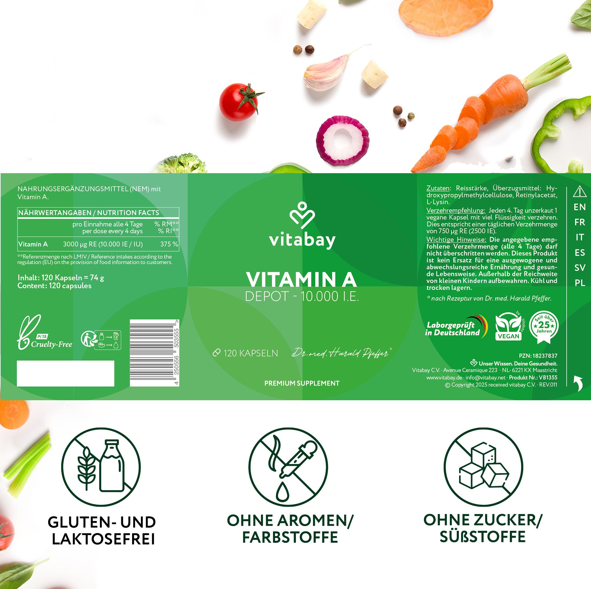 Produktetikett Vitabay Vitamin A Depot 10.000 IE. 120 Kapseln. Text: Gluten- und Laktosefrei, ohne Aromen/Farbstoffe, ohne Zucker/Süßstoffe.