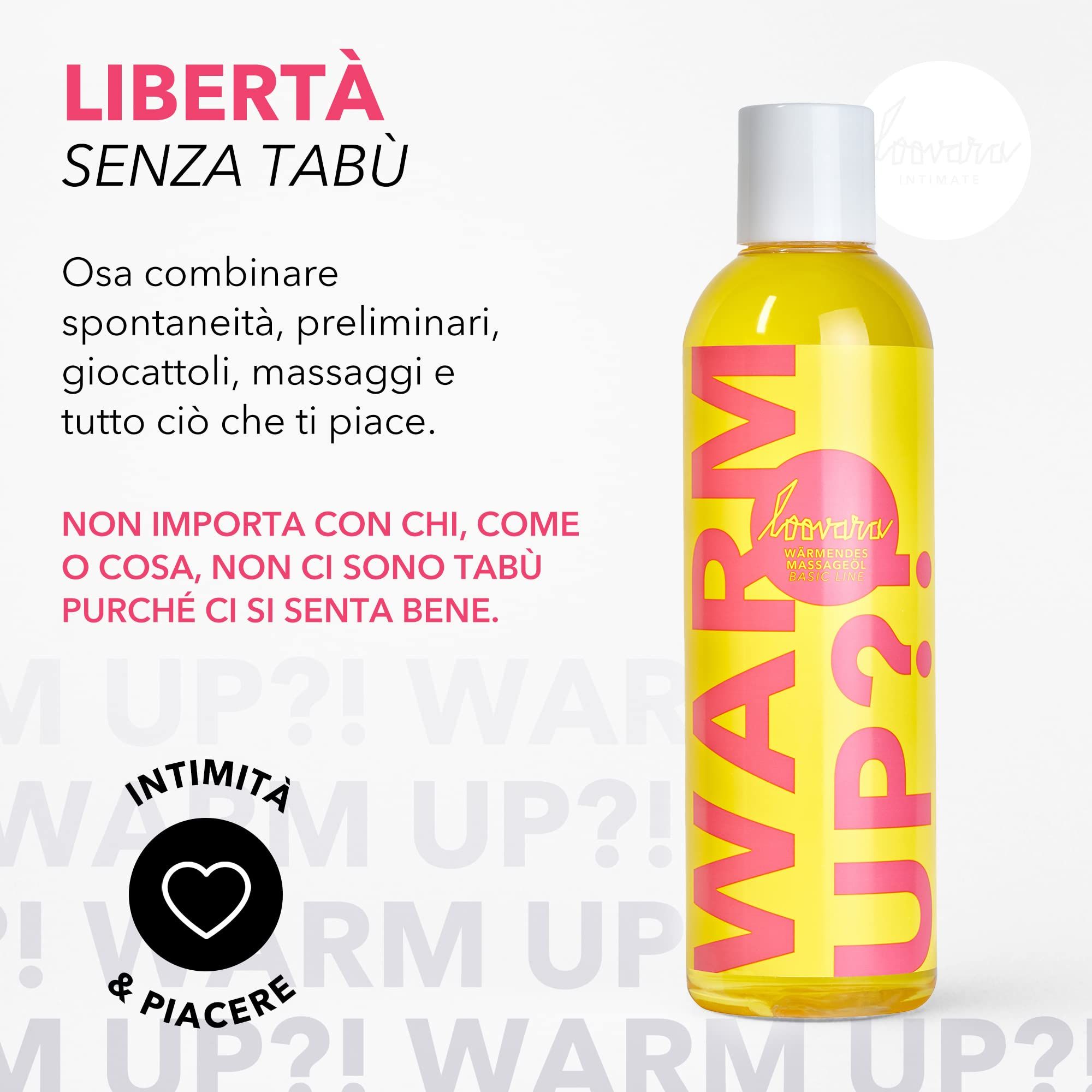 Flasche Loovara Warm Up?! Intimate Warming Massage Oil auf gelbem Hintergrund. Text 'Libertà senza tabù'.