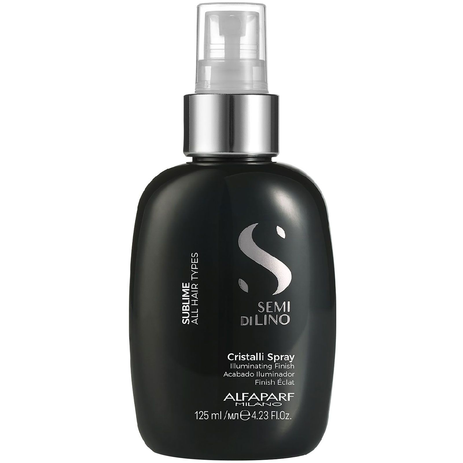 Schwarze Sprühflasche mit silbernem Verschluss. Enthält Semi di Lino Cristalli Spray.