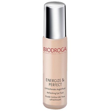 Zylindrische Flasche mit silbernem Deckel. Aufschrift: BIODROGA, ENERGIZE & PERFECT, Erfrischendes Augenfluid, Refreshing Eye Fluid, Fluide Contour des Yeux rafraîchissant.