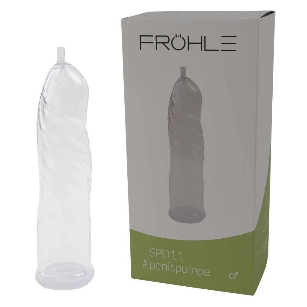 Fröhle SP011 Zylinder für Penis Pumpe, transparent, spiralförmig, neben Verpackung.