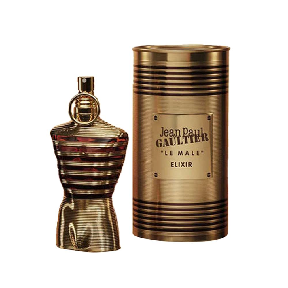 Goldfarbener Flakon in Form eines Oberkörpers und zylindrische Verpackung. Auf der Verpackung steht "Jean Paul Gaultier Le Male Elixir".