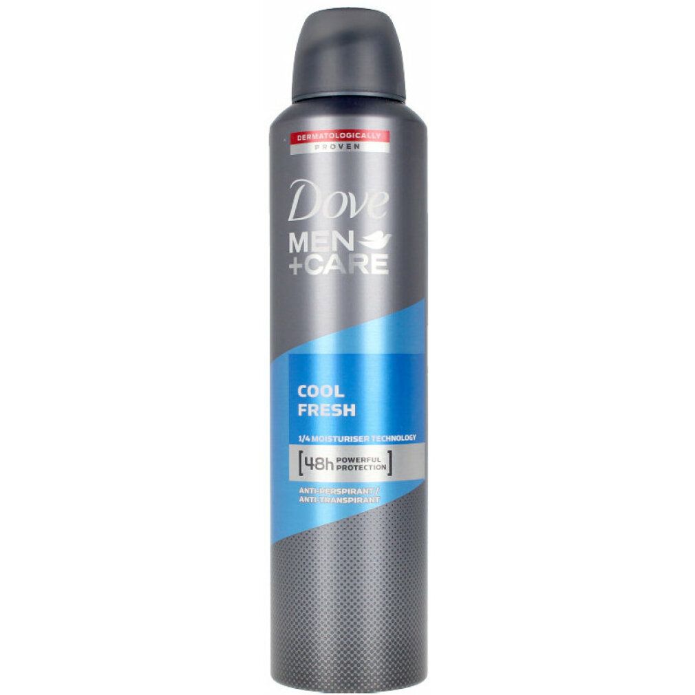 Dove Men+Care Cool Fresh Deospray. Grauer Behälter mit blauem Streifen. Text: Cool Fresh, 48h Protection, dermatologisch getestet.