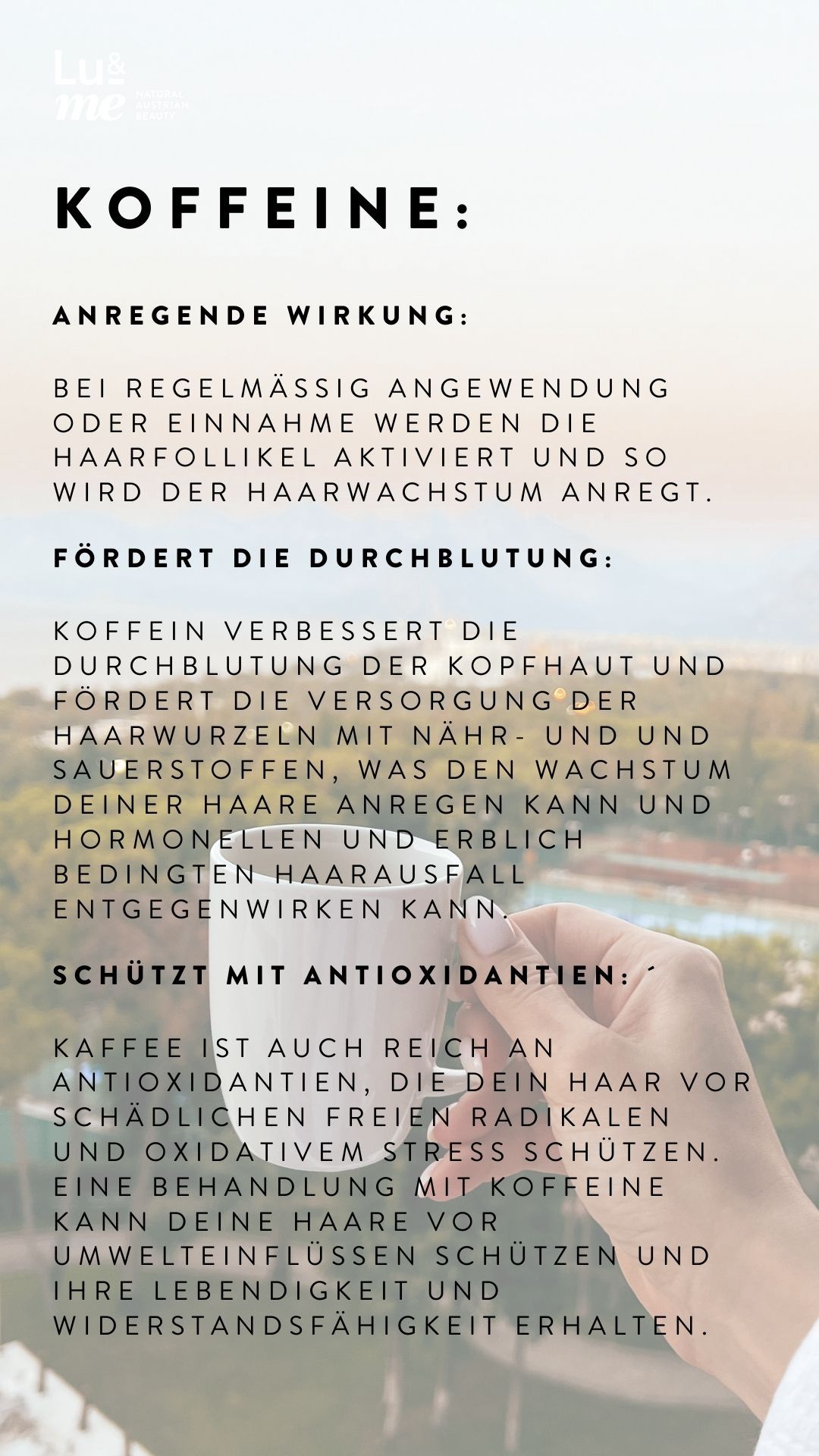 Text über Koffein und seine Wirkung auf das Haar. Kaffee, Antioxidantien, Schutz vor Schäden.