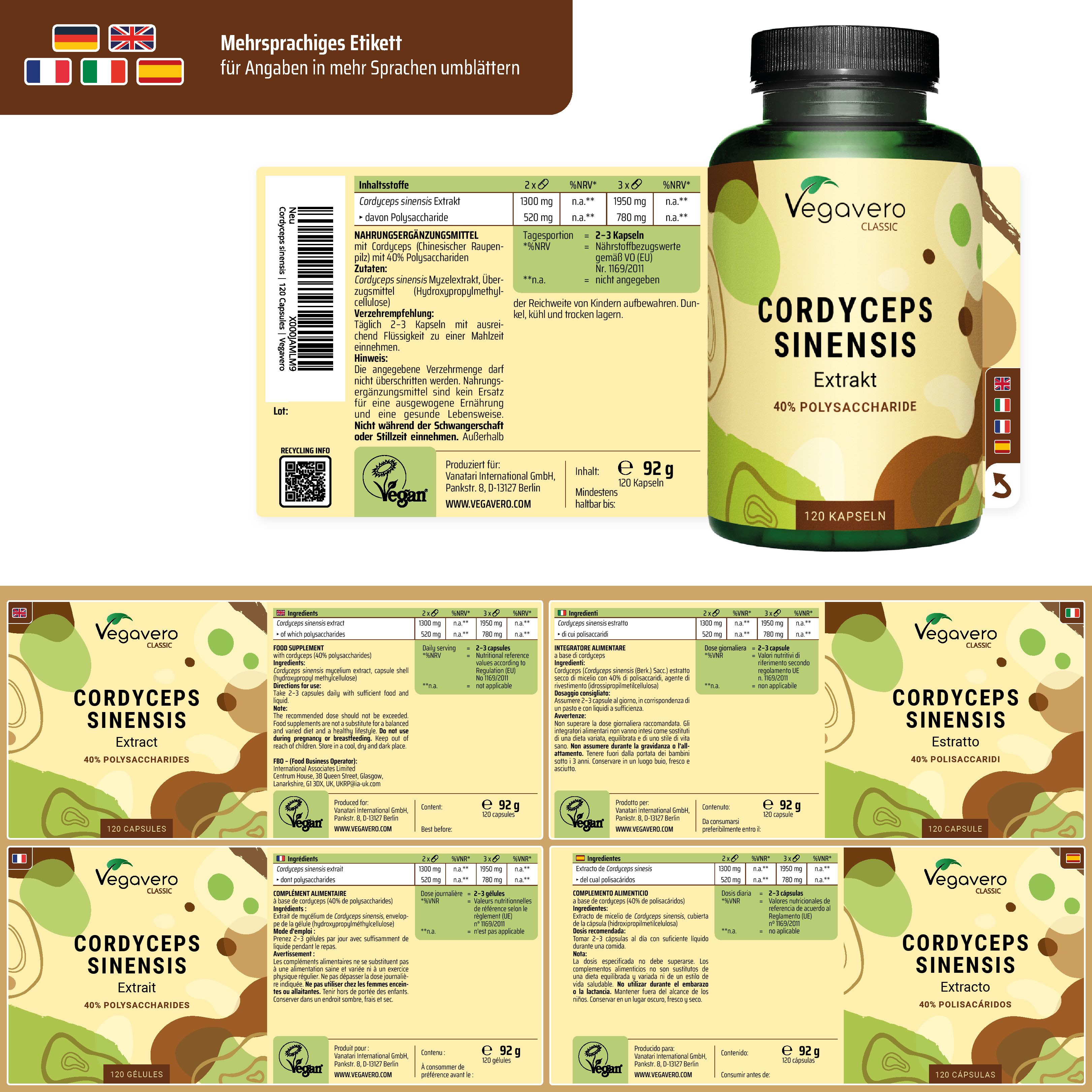 Mehrsprachiges Etikett mit Informationen. Flasche mit Cordyceps Sinensis Extrakt, 40% Polysaccharide, 120 Kapseln. Vegavaro Classic.