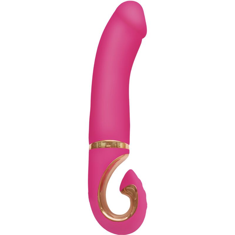 Ein pinker Silikonvibrator mit geschwungener Form und goldenen Akzenten.