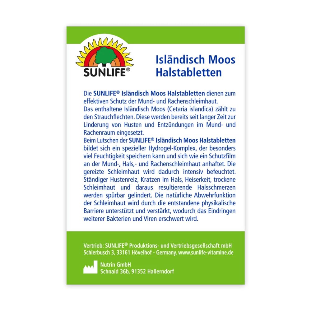 Rückseite der SUNLIFE Isländisch Moos Halstabletten Verpackung. Produktinformationen, Herstelleradresse und Logo.