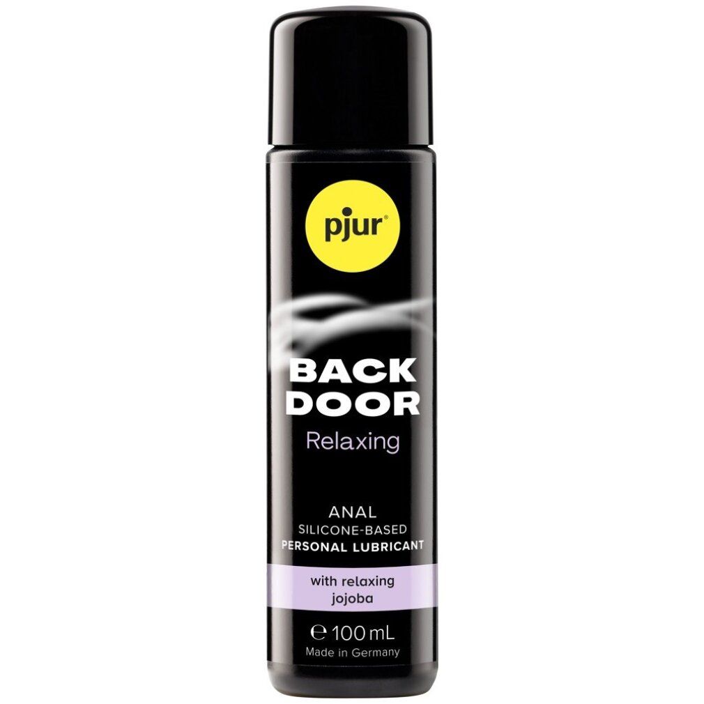 Schwarze Flasche mit gelbem Logo. Aufschrift: BACK DOOR Relaxing, ANAL, SILICONE-BASED, PERSONAL LUBRICANT. Mit Jojoba.