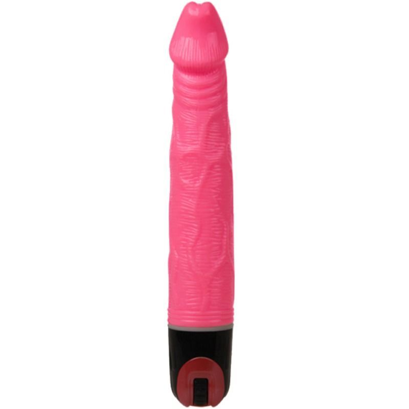 Pinkfarbener Vibrator mit geriffelter Oberfläche und schwarzem Griff. Rotes Detail am unteren Ende.