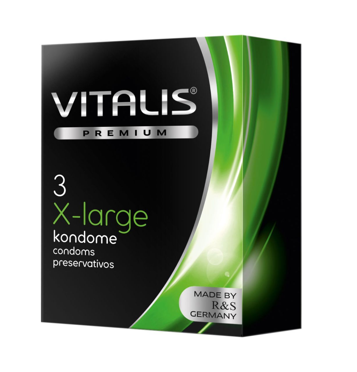 Schwarze Verpackung mit "VITALIS PREMIUM". "3 X-large Kondome" Text. Grün-gelber Farbverlauf. "MADE BY R&S GERMANY".
