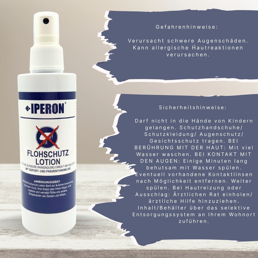 Flasche IPERON® Flohschutz Lotion mit Sicherheitshinweisen.