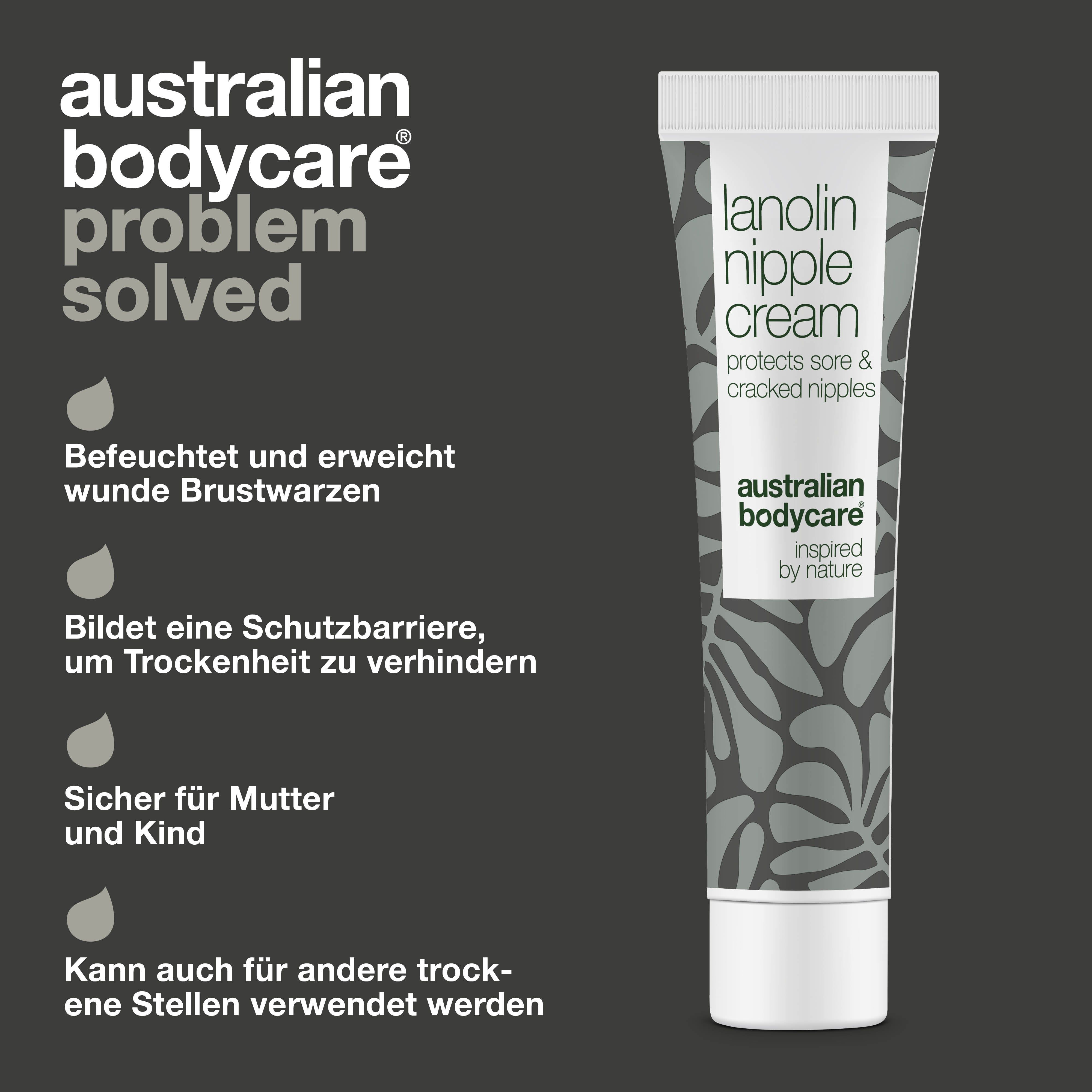 Tube Lanolin-Brustwarzencreme. Text: Australian Bodycare, Lanolin Nipple Cream. Text: Befeuchtet und erweicht wunde Brustwarzen.