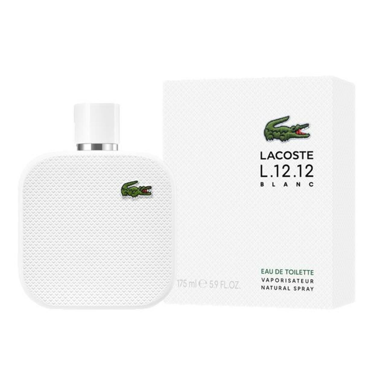 Weißer Flakon und Verpackung. Flakon mit grünem Krokodil-Logo. Verpackung mit Logo und Text: L.12.12 Blanc.