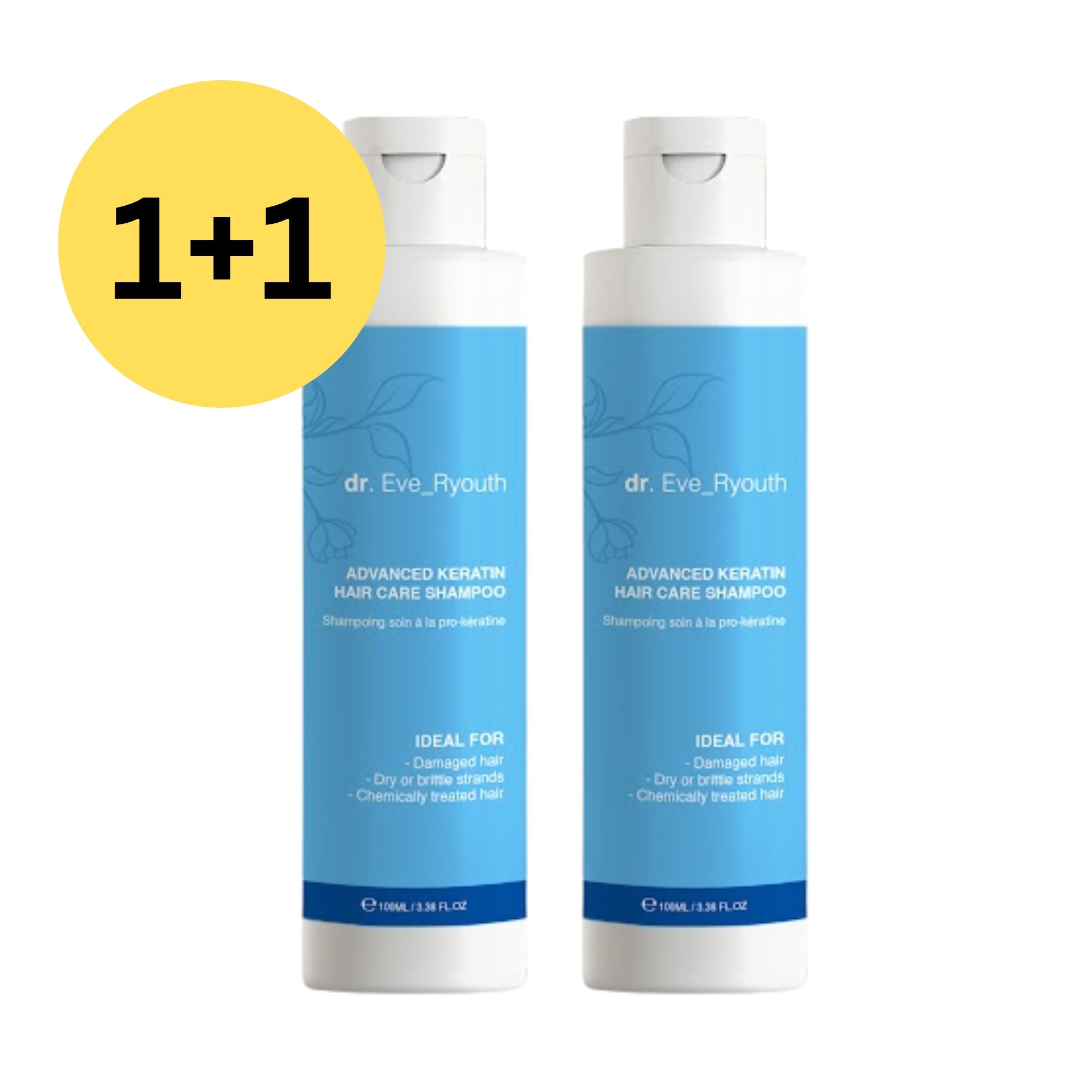 Zwei Flaschen Dr. Eve_Ryouth Shampoo. Blaue Etiketten mit Text. Gelber Kreis mit "1+1".