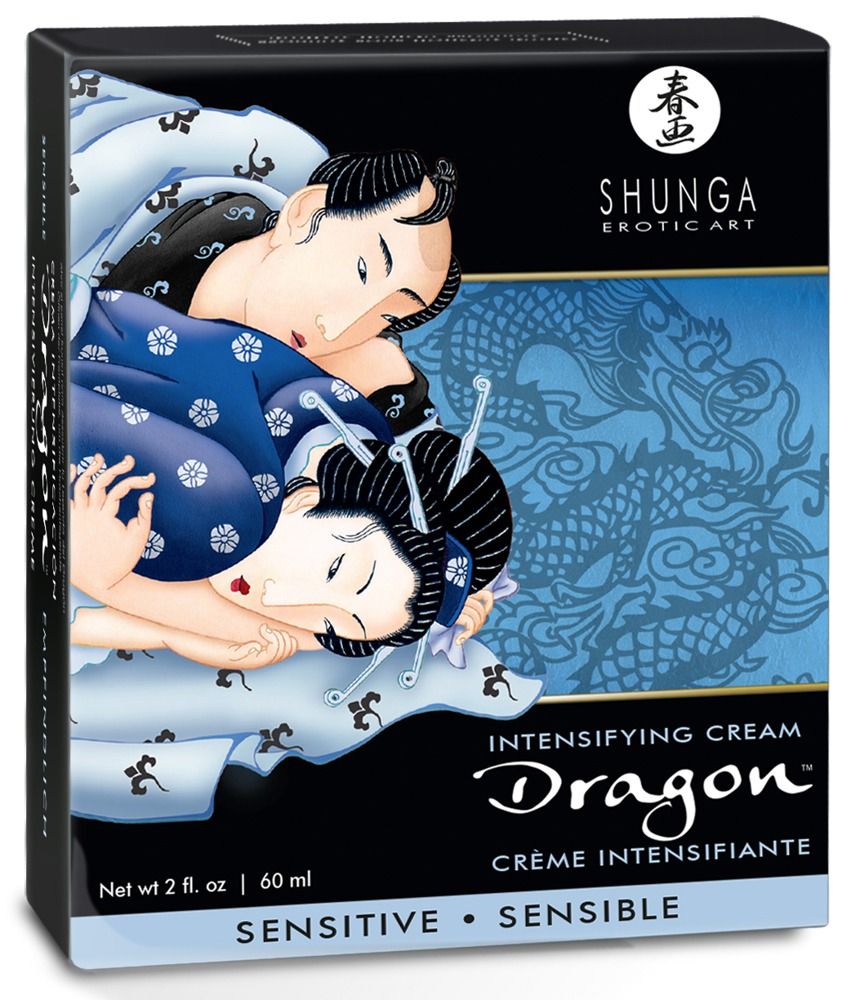 Schwarze Schachtel mit Illustration. Aufschrift "Shunga Dragon Intensifying Cream".  Enthält 60 ml.  "Sensitive".