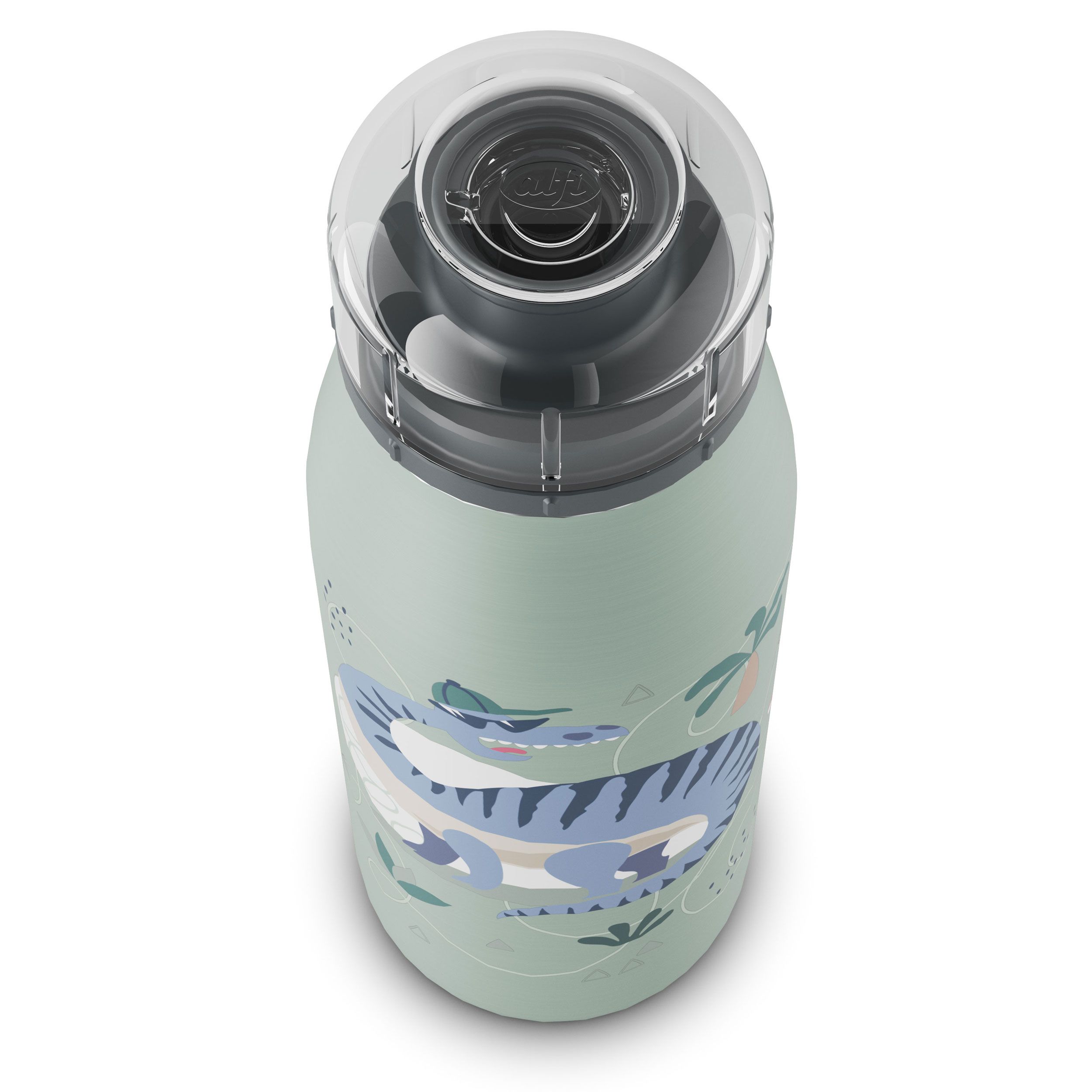 Oberansicht der ALFI Isolierflasche mit Dino-Motiv, grüner Deckel mit Trinköffnung.