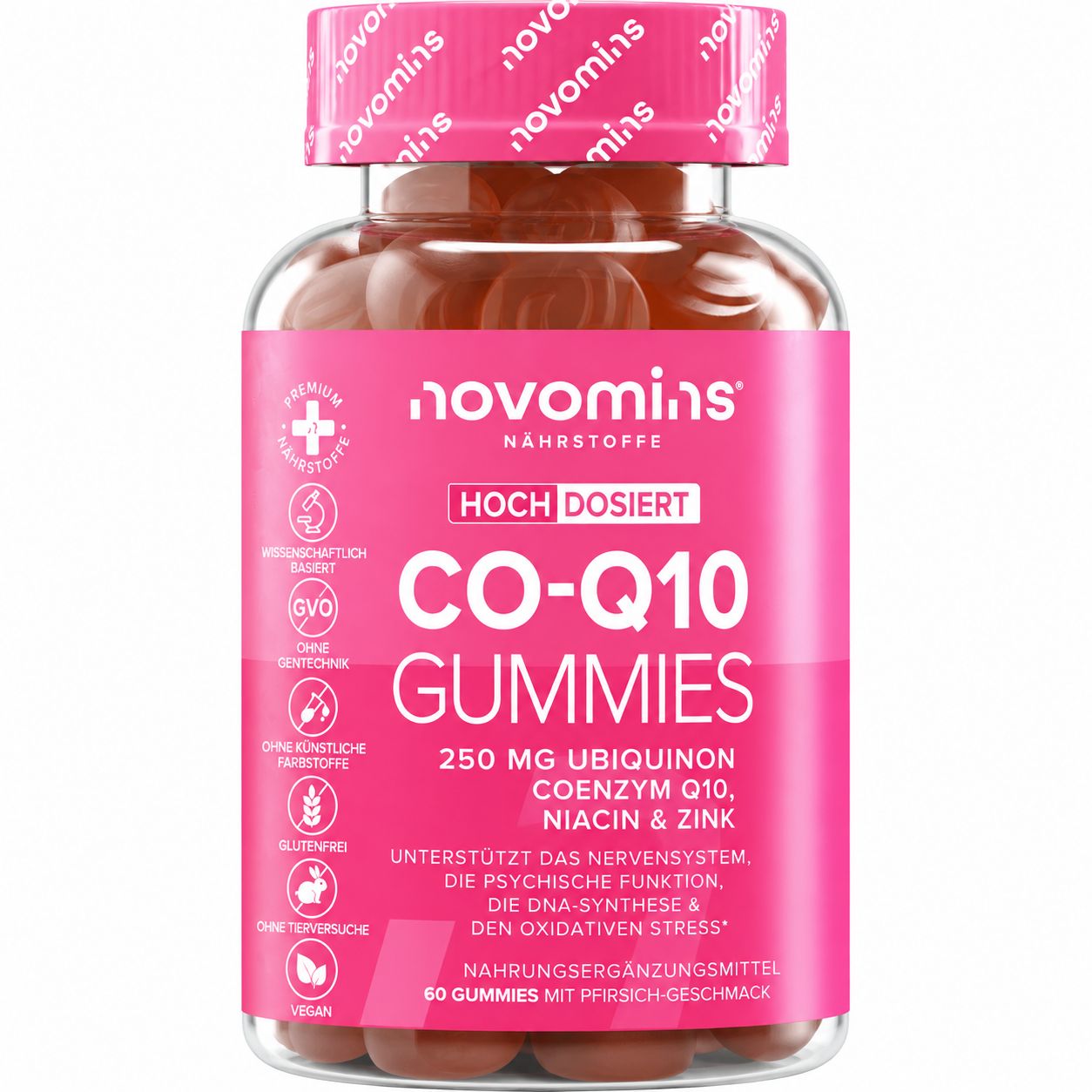 Flasche Novomins CO-Q10 GUMMIES mit 250 mg Ubiquinon, Coenzym Q10, Niacin & Zink.