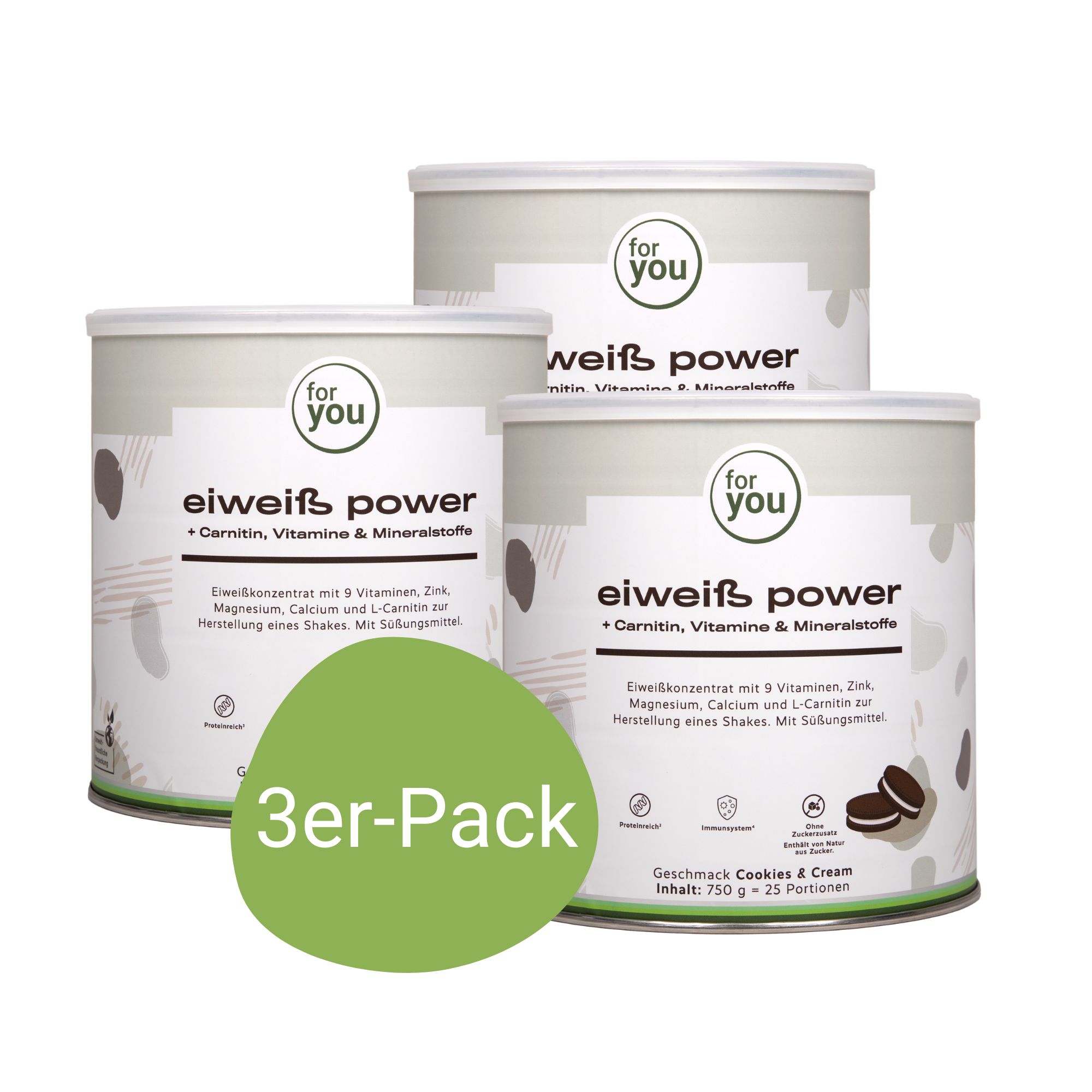 Drei Dosen Eiweiß Power Cookies & Cream, 3er-Pack.
