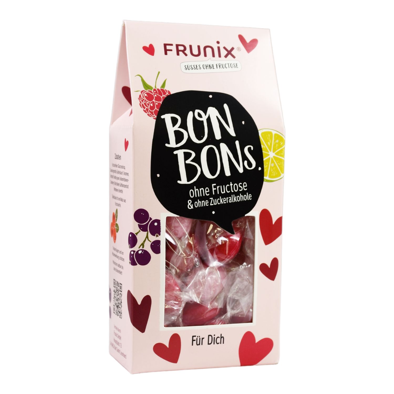 Bonbon-Verpackung mit Sichtfenster. Aufschrift: BON BONS ohne Fructose & ohne Zuckeralkohole. Abbildung von Früchten und Herzen.
