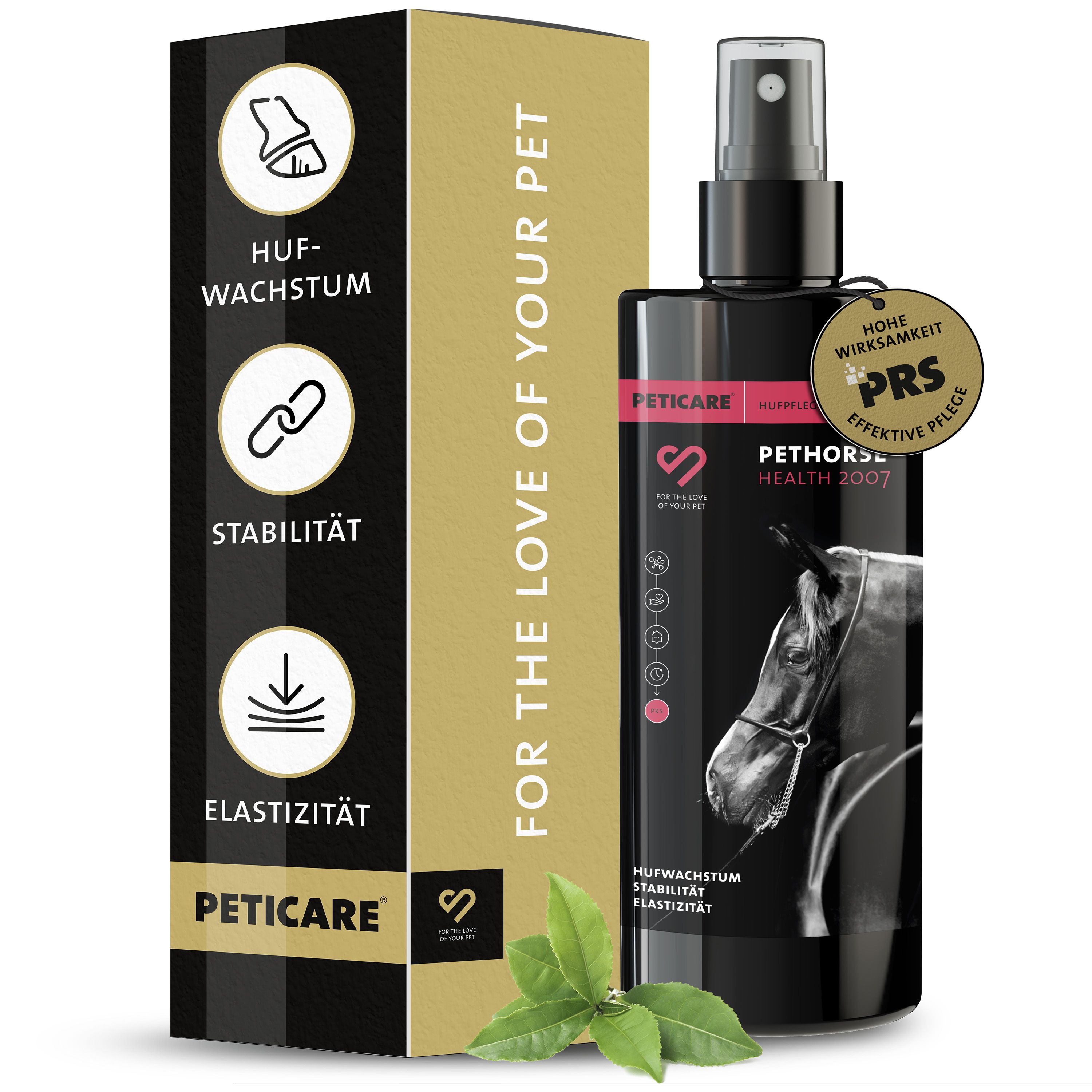 Schwarze Flasche mit Sprühkopf und Karton. Produktname: Peticare. Aufschrift: Hufwachstum, Stabilität, Elastizität.