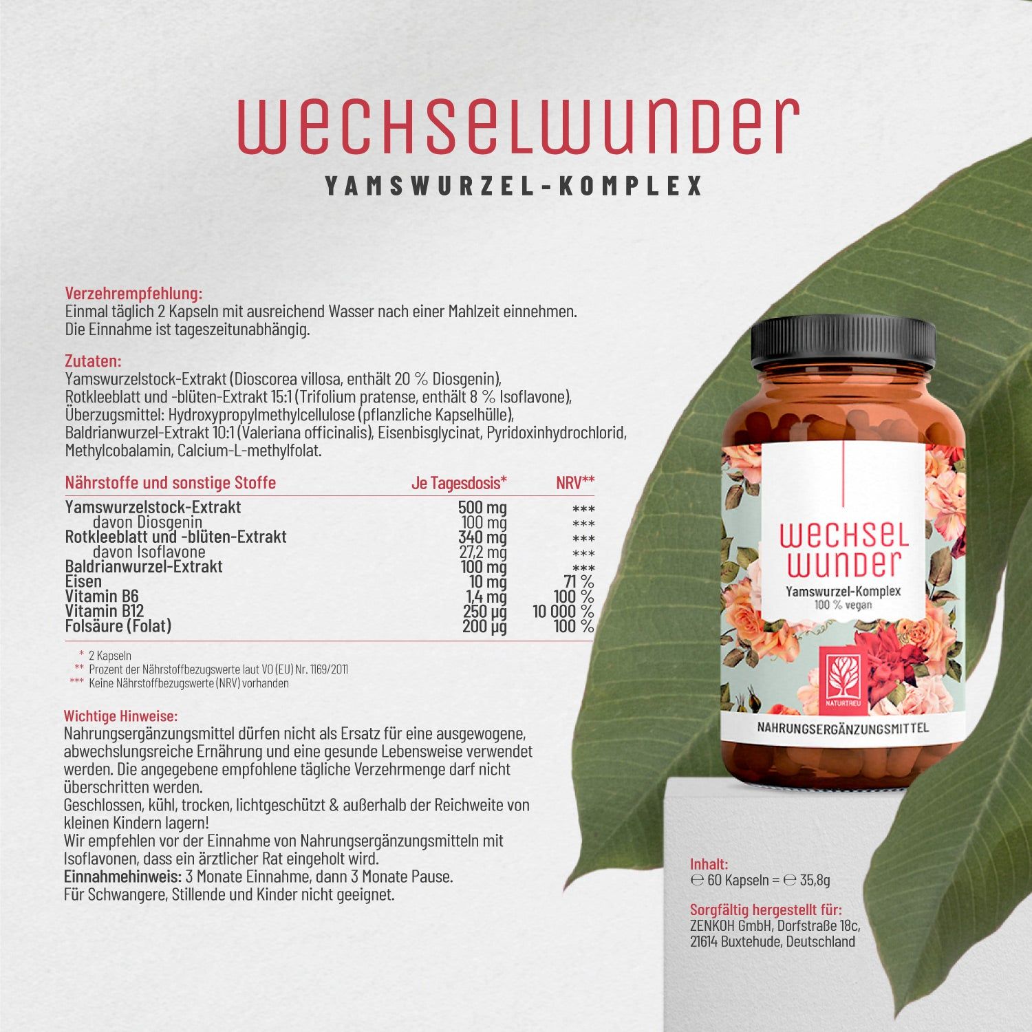WECHSELWUNDER Small: Wechseljahre Komplex Yamswurzel + Rotklee - Probiergröße 60 Kapseln NATURTREU®
