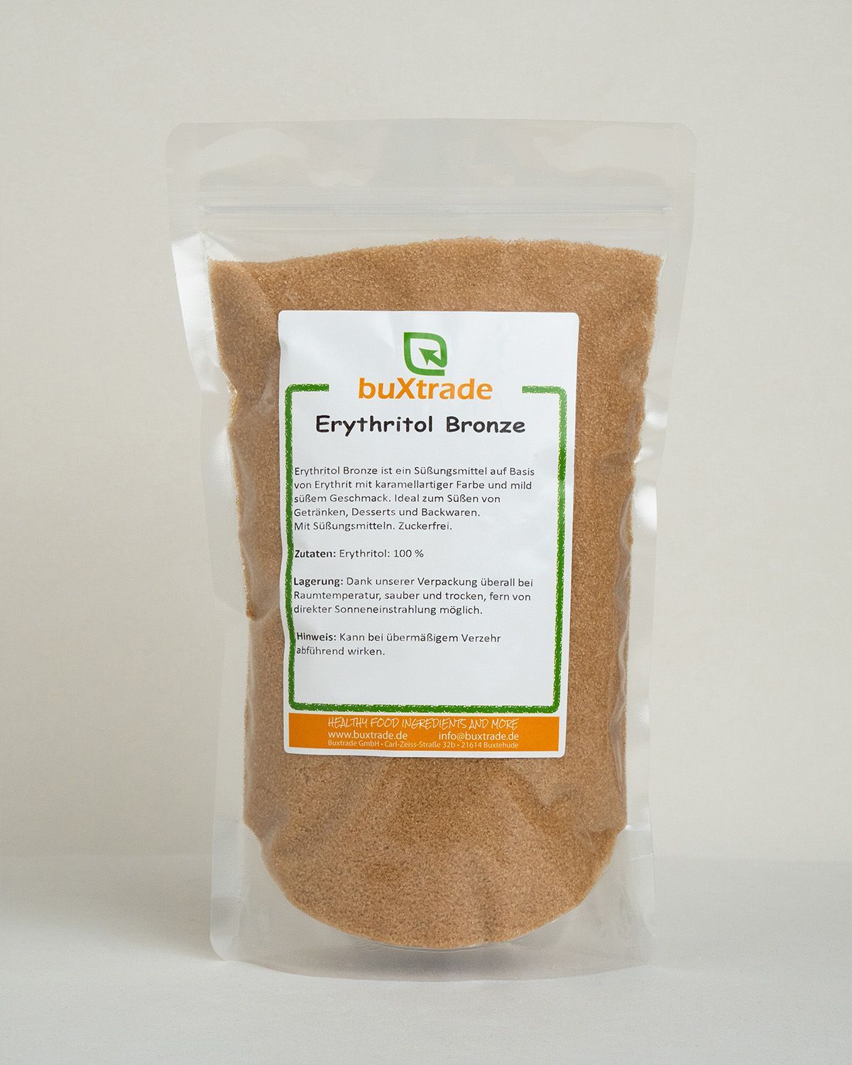 Verpackung mit buxtrade Erythritol Bronze, einem Süßungsmittel in Pulverform.