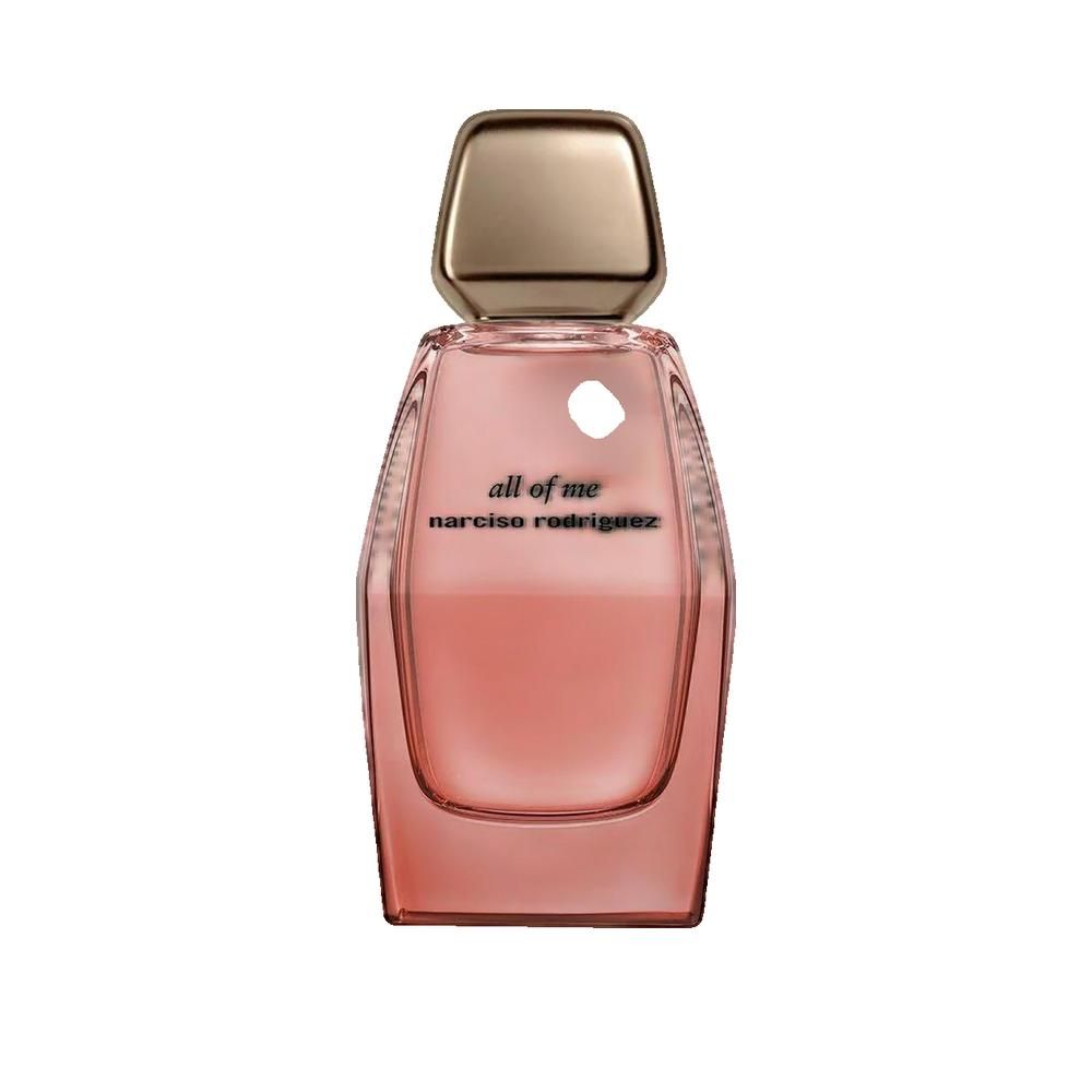 Parfümflakon, rosa Flüssigkeit, goldfarbener Verschluss. Aufschrift: all of me, narciso rodriguez.