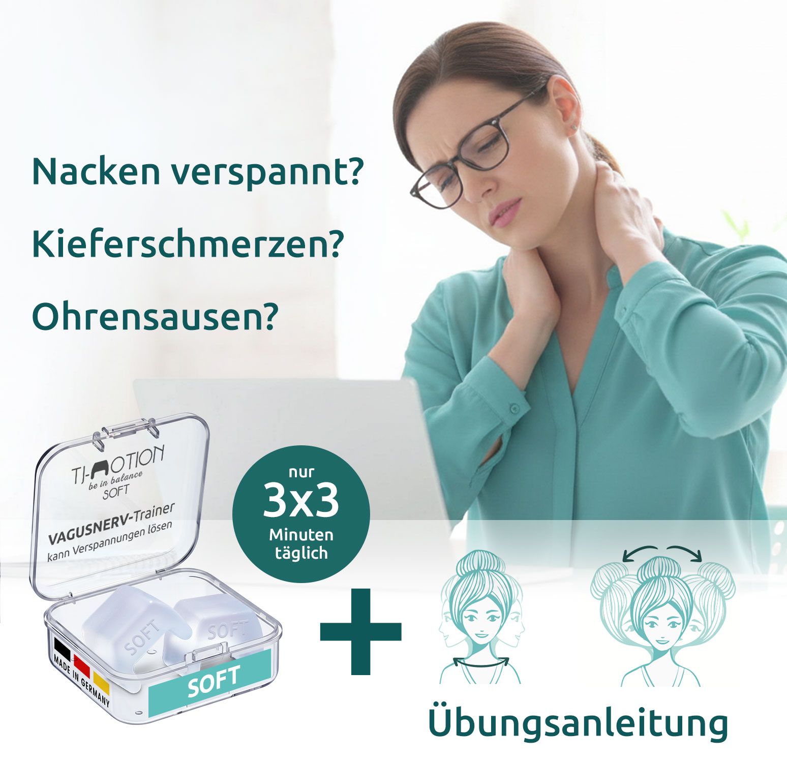 TJ-Motion Soft Vagusnerv-Trainer in transparentem Etui. Enthält zwei quadratische, weiche Produkte. Mit Übungsanleitung.