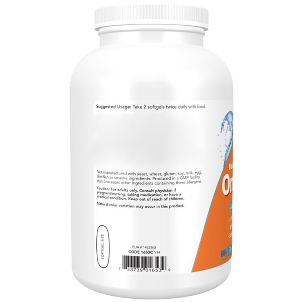 Weiße Flasche mit Etikett. Text: Now, Omega-3. Empfohlene Anwendung. Enthält Fischöl. Nahrungsergänzungsmittel.