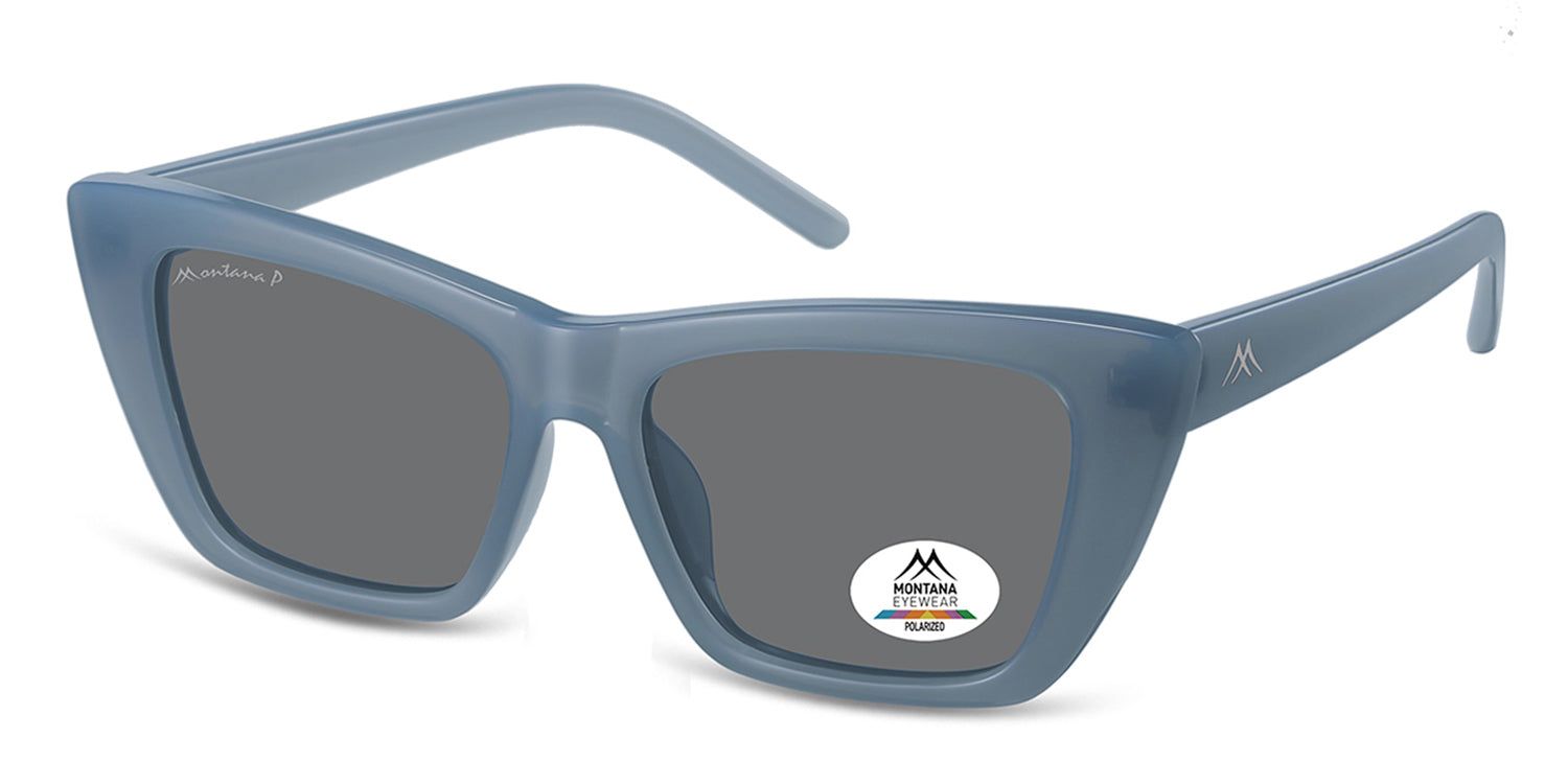 Blaue Sonnenbrille, schräge Ansicht. Montana Eyewear Logo auf dem Bügel und Glas. Polarisierte Gläser.
