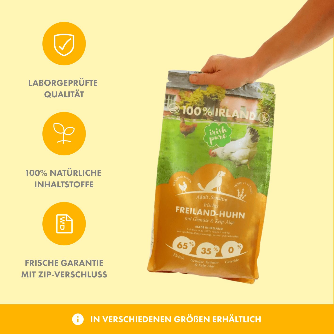 Hand hält eine Packung 'Irish Pure' Hundefutter mit Huhn, mit Icons für Qualität und natürliche Inhaltsstoffe.
