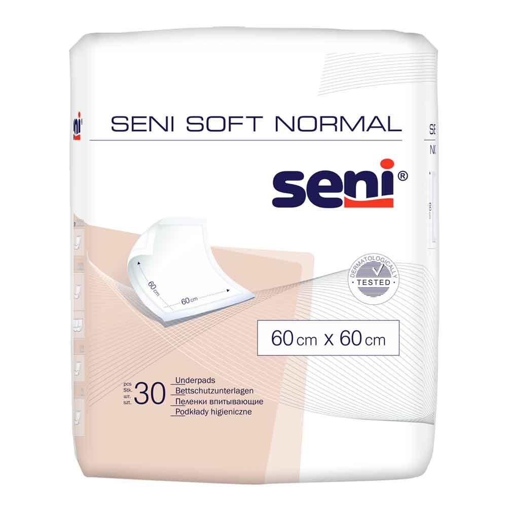 Verpackung Seni Soft Normal. Enthält 30 Unterlagen, 60x60 cm. Produktname und Größe deutlich sichtbar. Mit Qualitätszeichen.