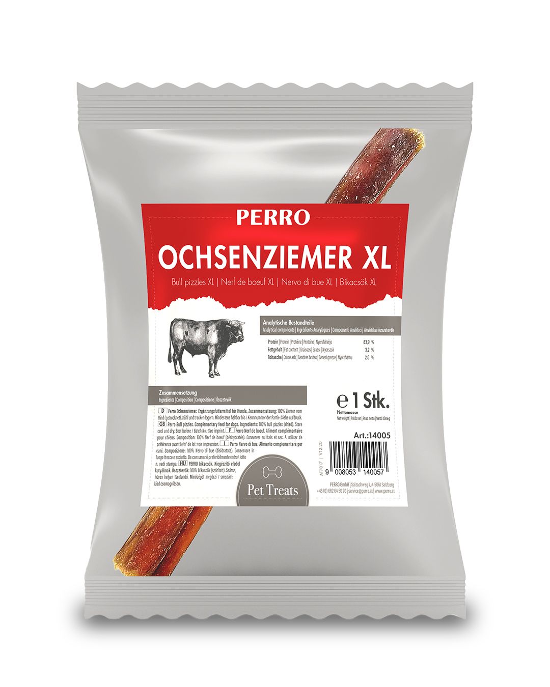 Verpackung mit Ochsenziemer XL. Aufschrift PERRO, Produktname, und ein Bild eines Bullen. Enthält ein Stück.