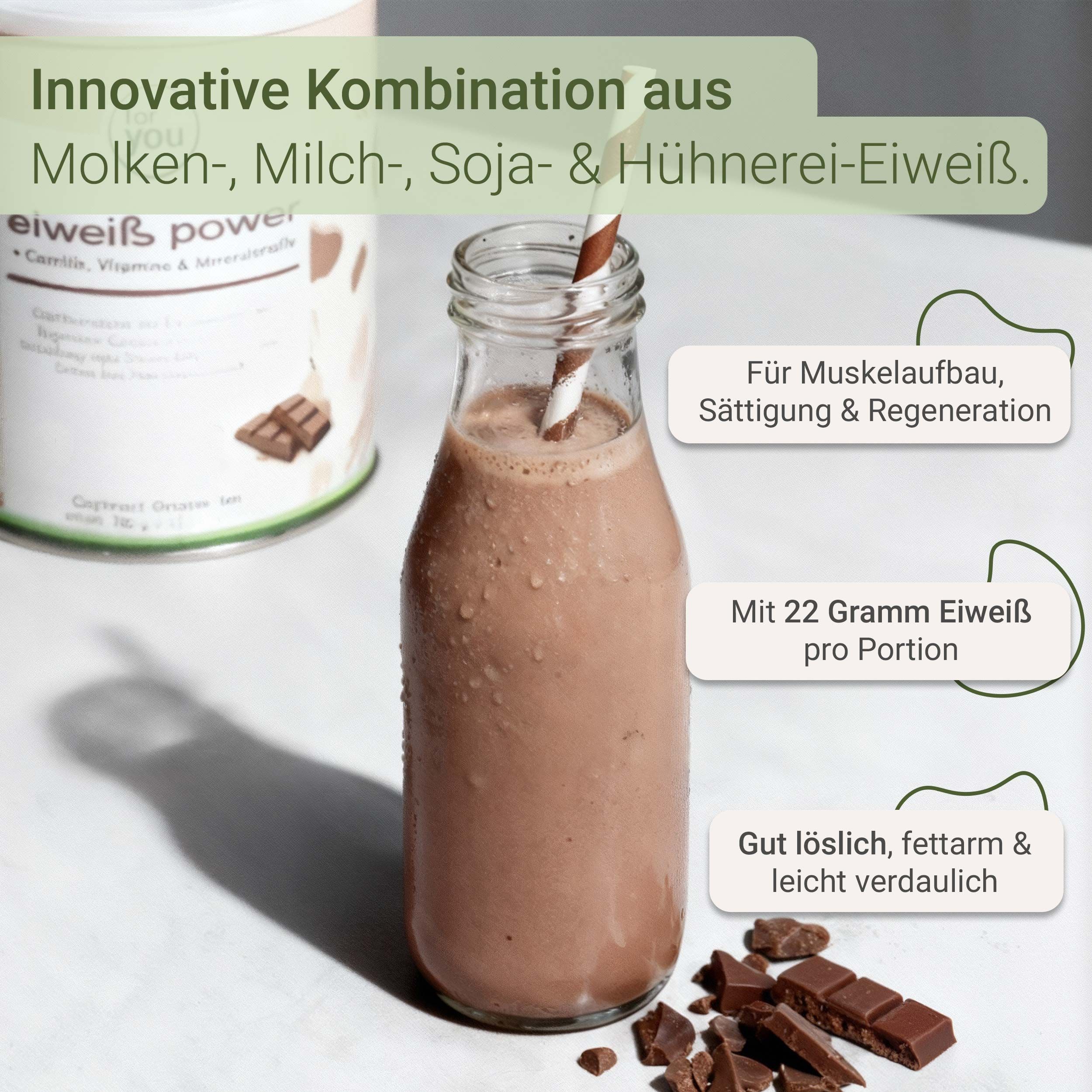 Eiweiß-Shake in einer Flasche mit Schokoladenstückchen und Dosen im Hintergrund.