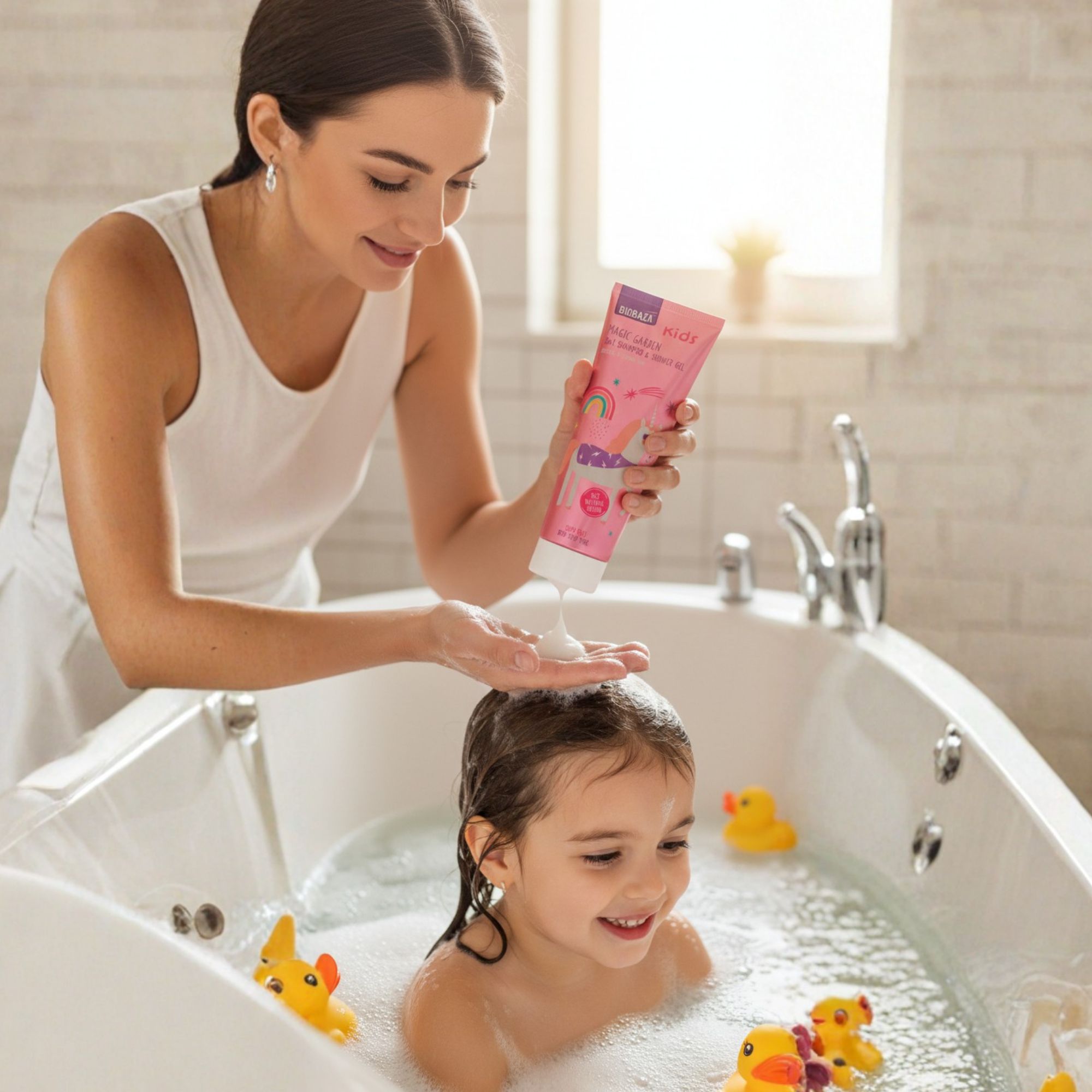 Frau wäscht Kind die Haare mit rosa Tube. Text: Biobaza Kids Magic Garden 2in1 Shampoo & Shower Gel. Kind in Badewanne.