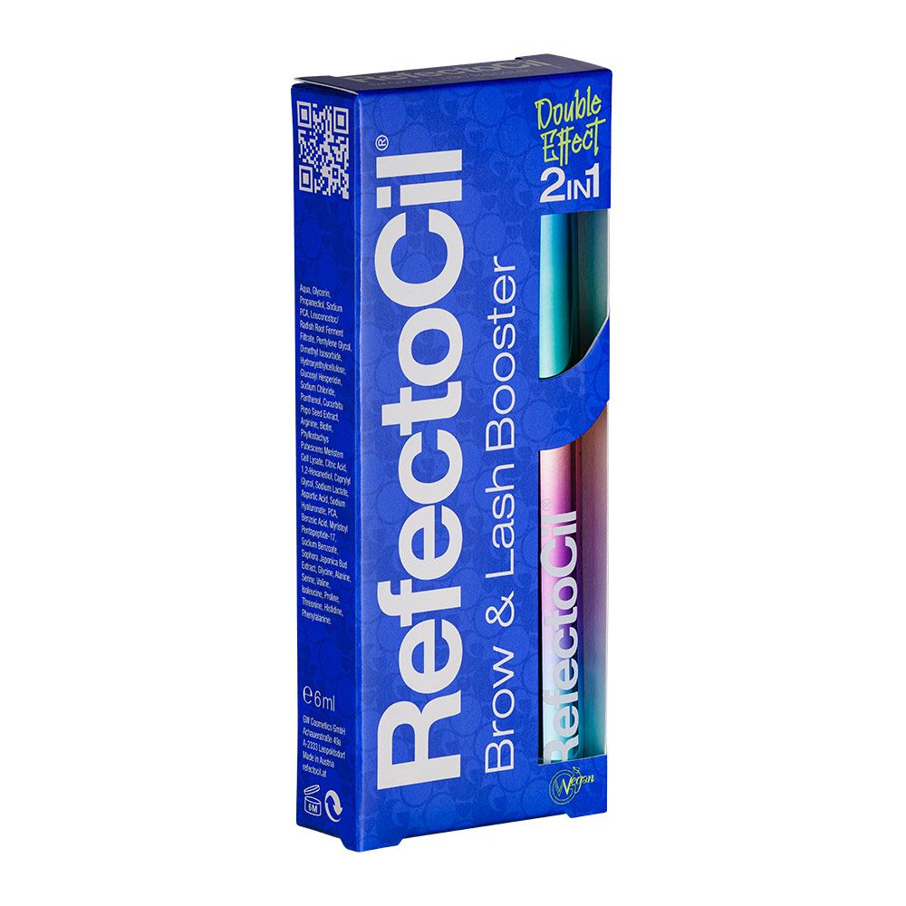 Blaue Verpackung für Lash & Brow Booster. Text: Refectocil Brow & Lash Booster. QR-Code.