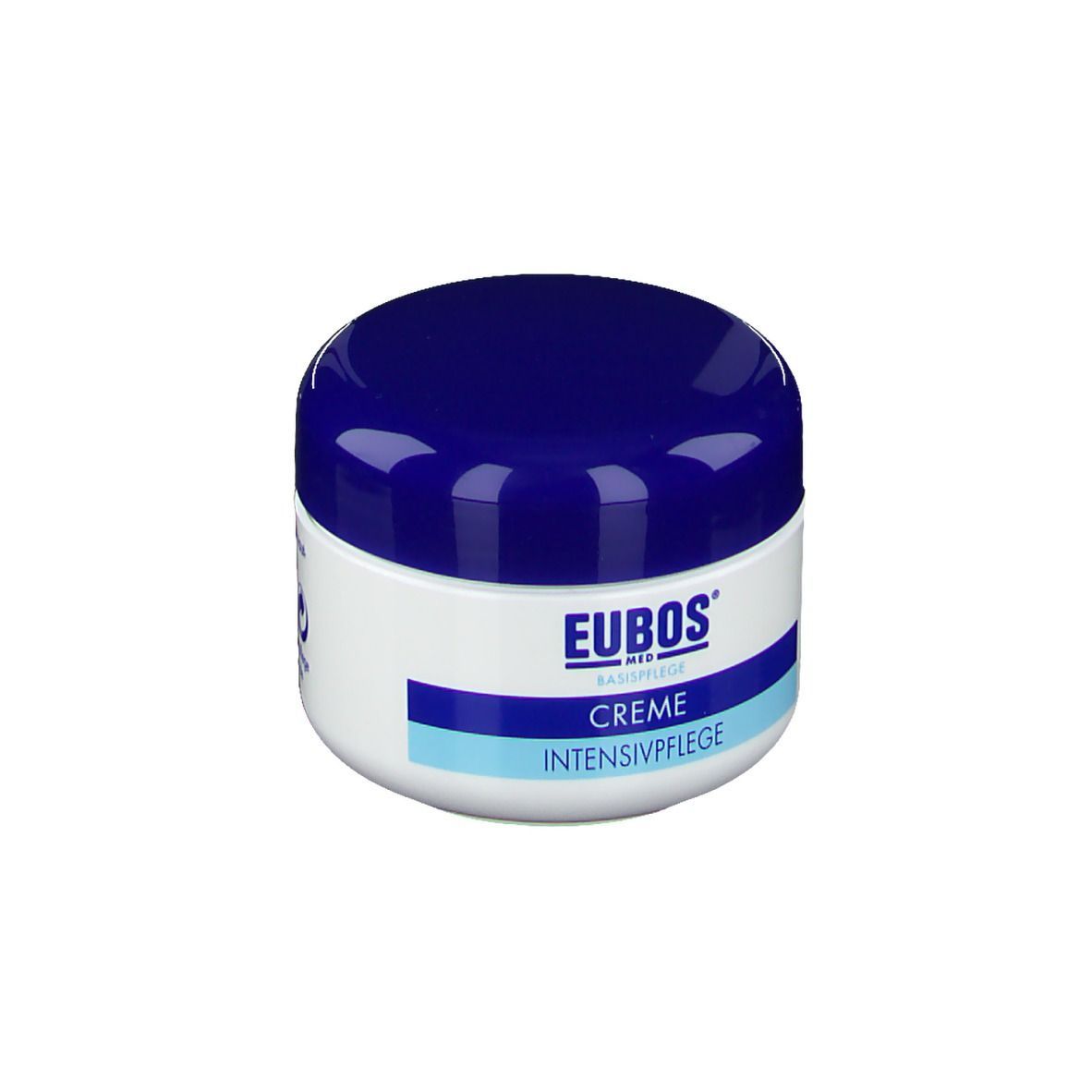 Creme-Dose mit blauem Deckel. Aufschrift: EUBOS CREME INTENSIVPFLEGE. Logo und Produktbezeichnung auf dem Behälter.