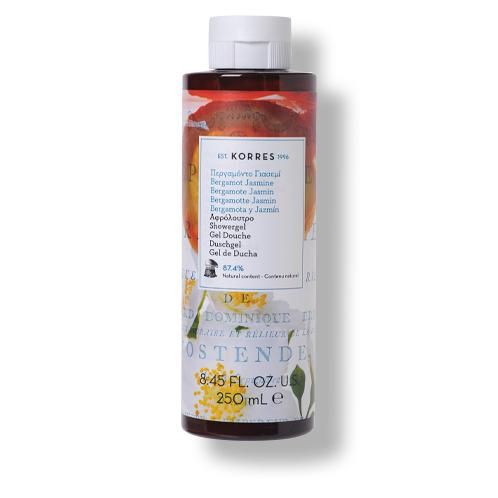 KORRES Duschgel, Bergamotte Jasmin. Zylindrische Flasche mit weißem Deckel. Etikett mit Produktnamen und Inhaltsstoffen.