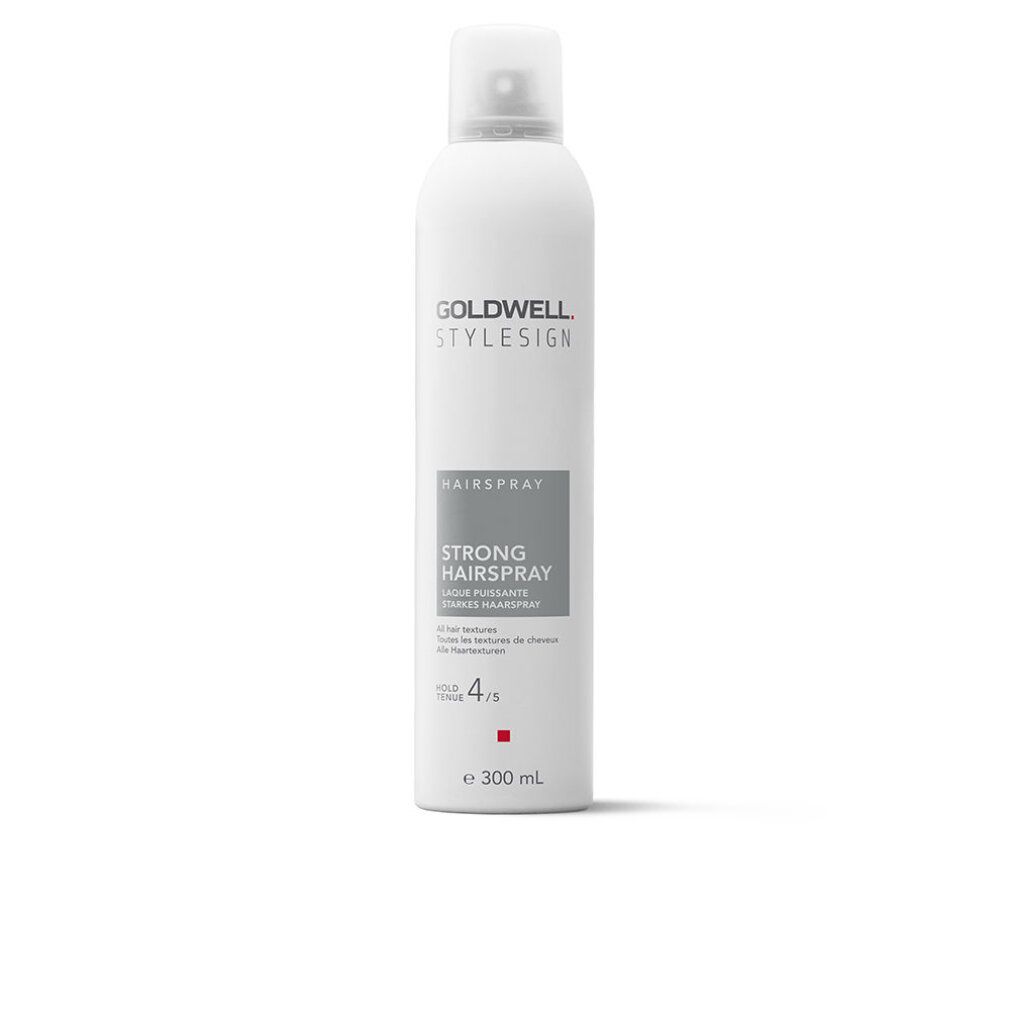 Goldwell Stylesign Haarspray-Flasche, weiß, mit Sprühkopf. Text: "HAIRSPRAY STRONG HAIRSPRAY". Stärke 4/5. Volumenangabe.