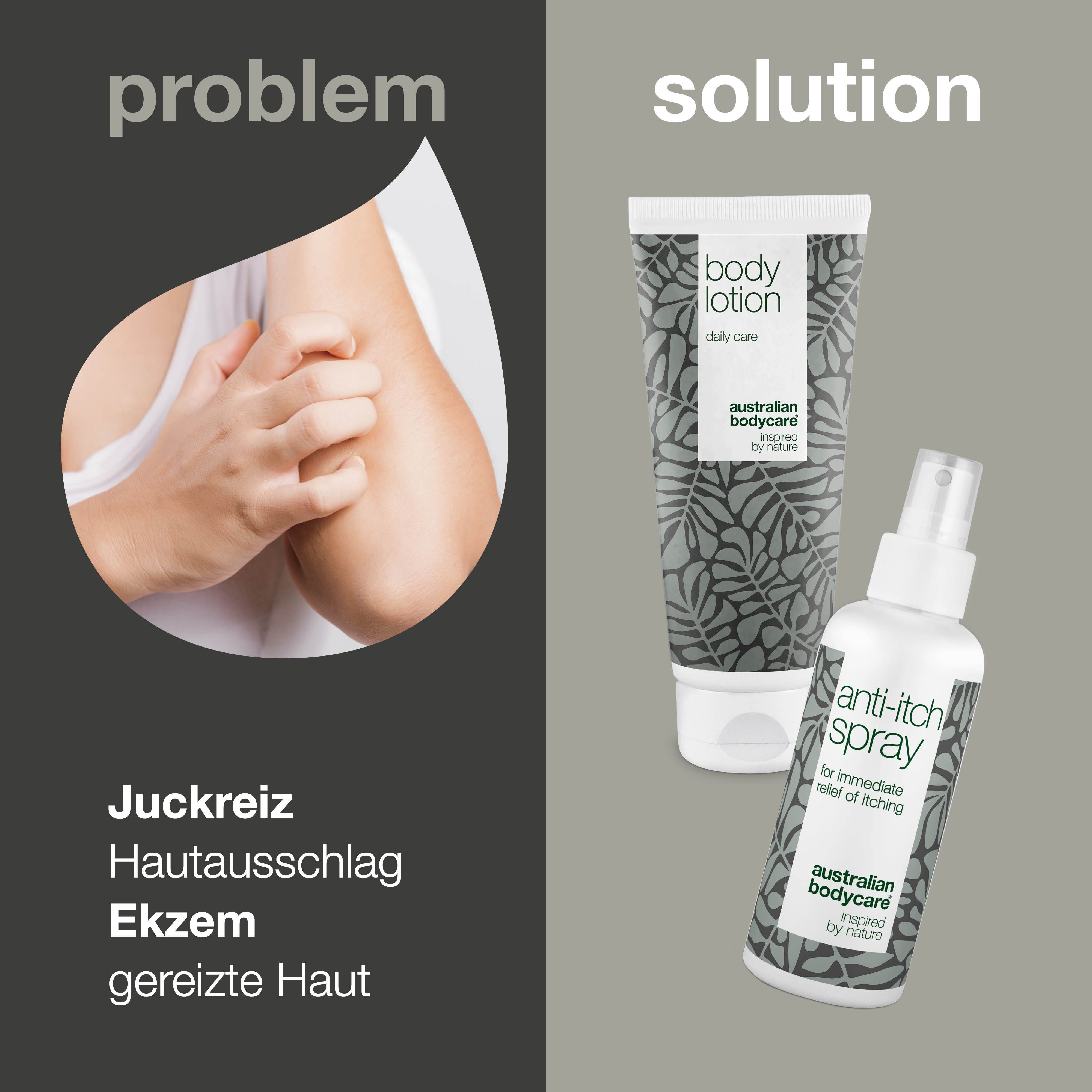 Zwei Produkte: Body Lotion und Anti-Juckreiz-Spray. Auf der linken Seite steht „Problem“ und auf der rechten „Solution“.
