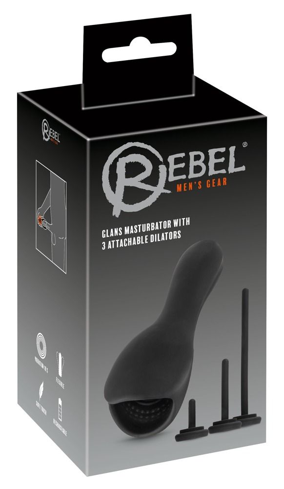 Verpackung mit Produktabbildung. Enthält ein schwarzes Masturbationsgerät und Dilatoren. Text: Rebel, Men's Gear.