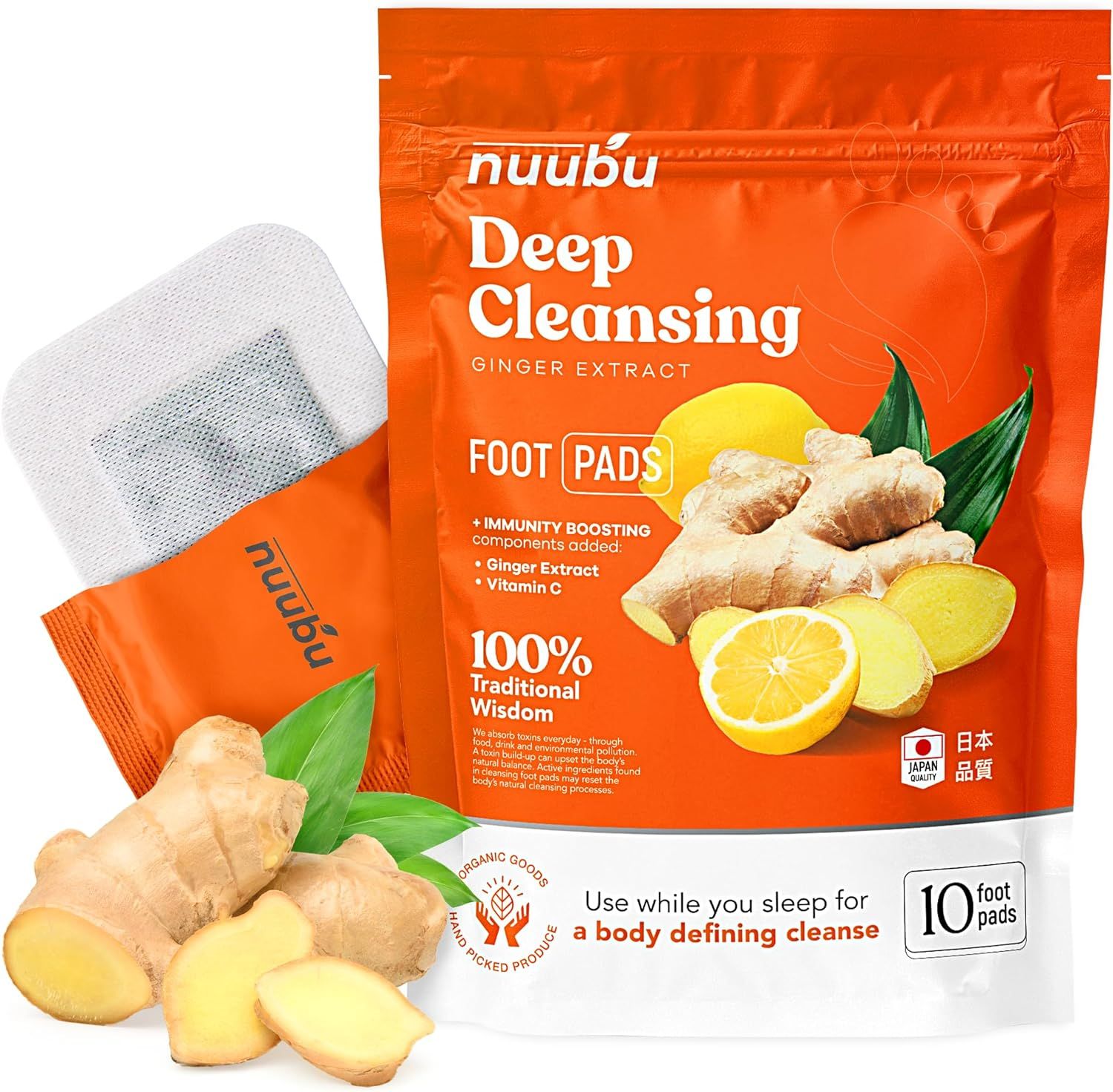 Produktverpackung mit "Nuubu Deep Cleansing Foot Pads". Ingwer, Zitrone und Fußpflaster. 10 Pads.