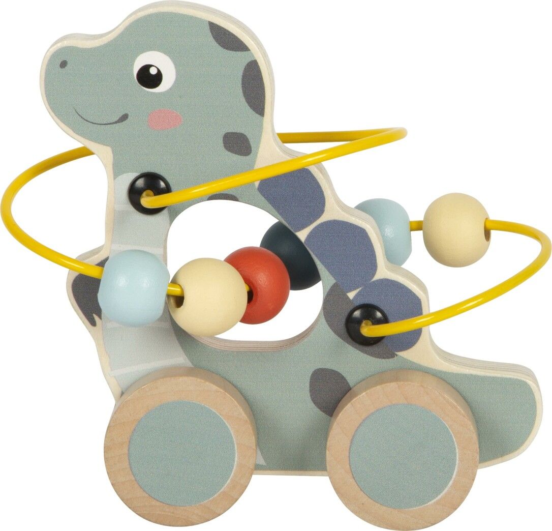 Holz-Dino mit Motorikschleife. Hellgrün, gelb, blau, rot und beige. Mit Rädern. Holzspielzeug.