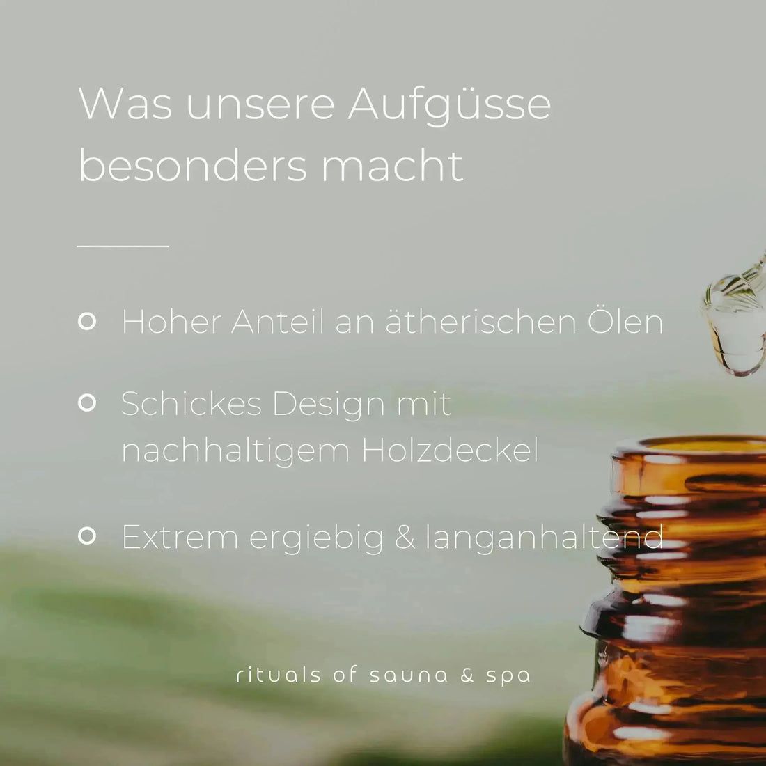 Braune Flasche mit Tropfen. Text: Hoher Anteil an ätherischen Ölen, schickes Design mit nachhaltigem Holzdeckel, extrem ergiebig.