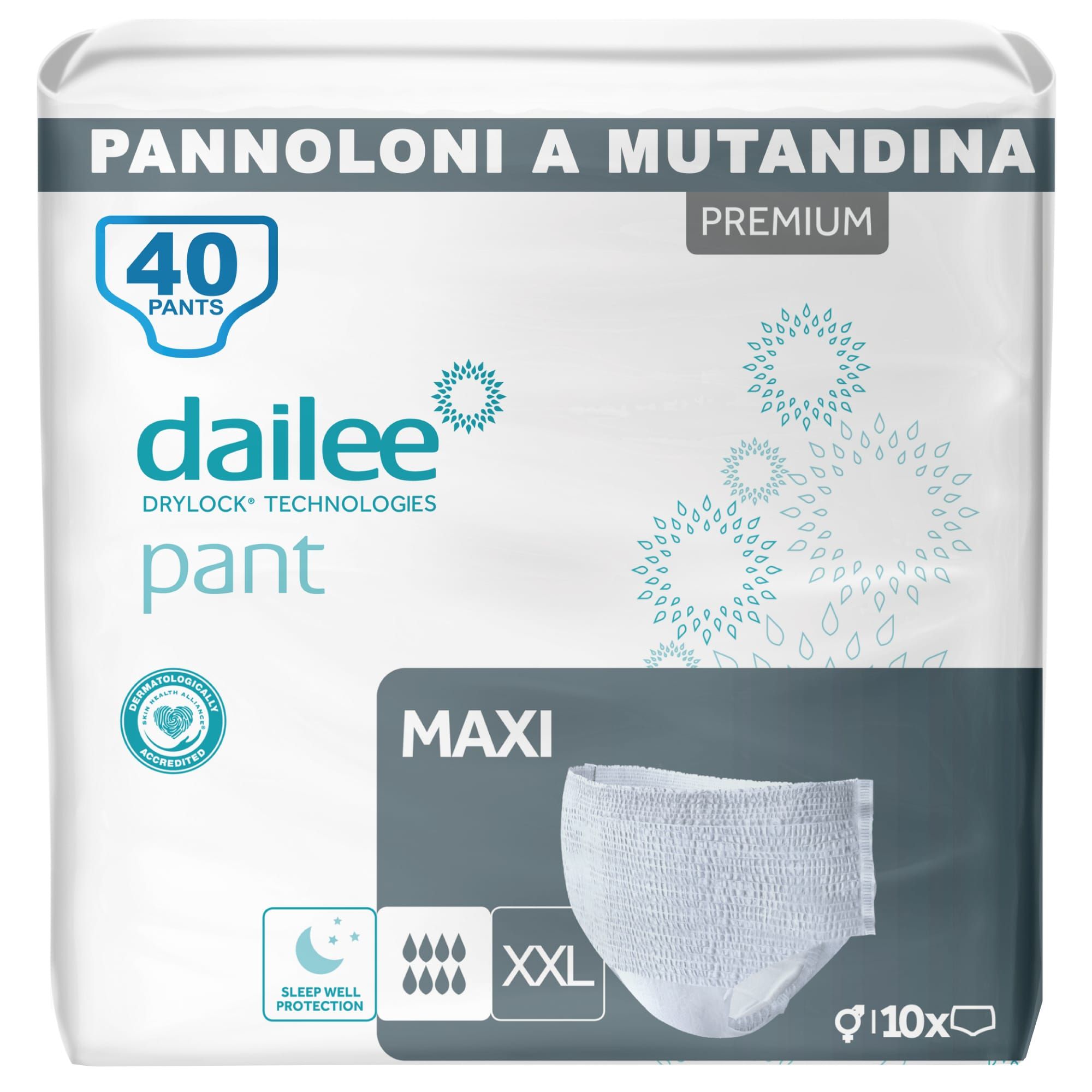 Verpackung Dailee Pants Maxi. Enthält 40 Pants. Produktmerkmale: Maxi, XXL, Sleep Well Protection, Dermatologisch getestet.