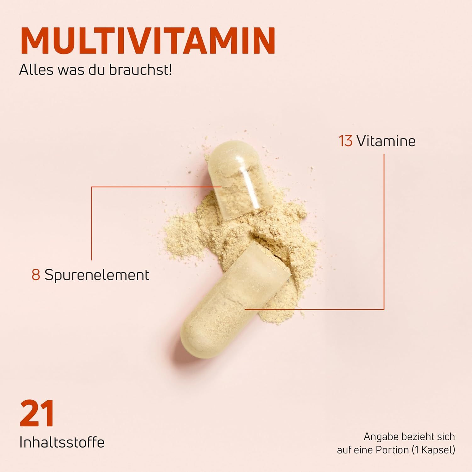 Kapsel geöffnet, Pulver daneben. 21 Inhaltsstoffe, 13 Vitamine, 8 Spurenelemente. Angaben pro Portion.
