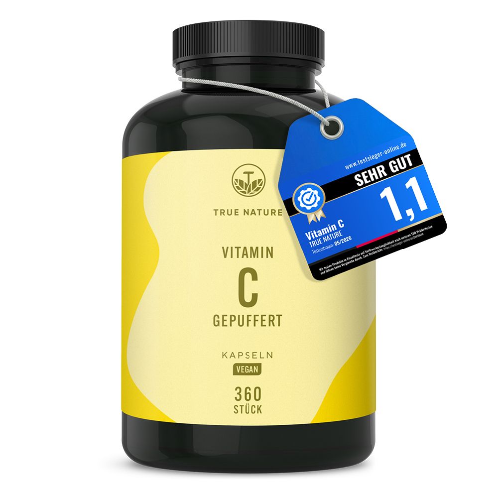 TRUE NATURE® Vitamin C Kapseln in dunkler Flasche mit gelbem Etikett und Siegel.